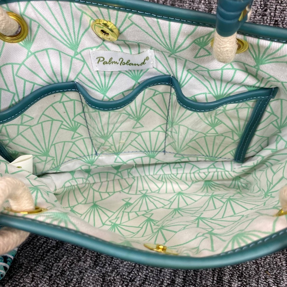 Palm Island Sea Turtle Seashell Tote Bag Pouch Set Teal Blue Beach Rope Handle - Picture 5 of 16